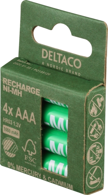 DELTACO laddbara AAA-batterier, 1000mAh, 4-pack