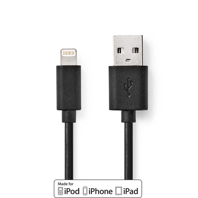 Nedis Lightning Kabel | USB 2.0 | Apple Lightning 8-Pins | USB-A Male | 480 Mbps | Vernikkeld | 1.00 m | Rond | PVC | Zwart | Doos