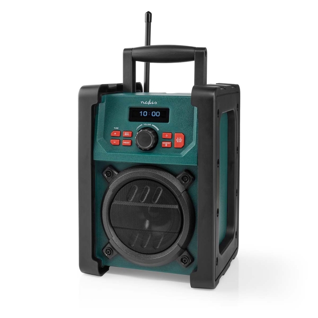 Nedis DAB+ Radio | Bouwradio | DAB+ / FM | 2.2 " | Zwart-Wit Scherm | Batterij Gevoed / Netvoeding | Digitaal | 15 W | Bluetooth® | Wekker | Slaaptimer | IP65 | Handgreep | Groen / Zwart