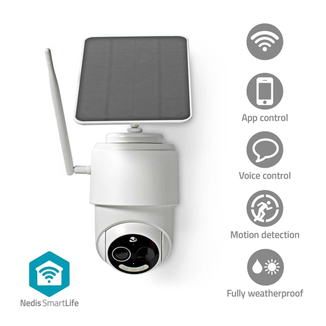 Nedis SmartLife Camera voor Buiten | Full HD 1080p | Pan tilt | IP65 | Max. batterijduur: 5 Maanden | Cloud Opslag (optioneel) / microSD (niet inbegrepen) | 5 V DC | Met bewegingssensor | Nachtzicht | Wit