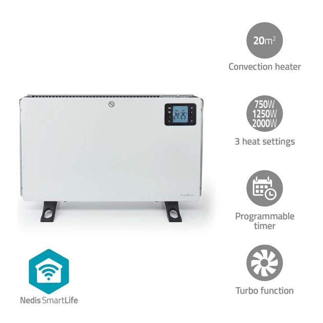 Nedis SmartLife Convectorkachel | 2000 W | 3 Warmte Standen | LCD | 5 - 37 °C | Instelbare thermostaat | Wit