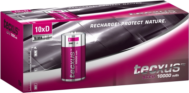 tecxus D (Mono)/HR20 oplaadbare batterij - 10000 mAh, 10 stks. in box Nikkel-metaalhydride-accu (NiMH), 1,2 V