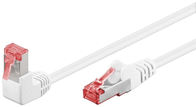 Goobay CAT 6 netwerkkabel 1x 90° haaks, S/FTP (PiMF), wit, 3 m kopergeleider (CU), halogeenvrije kabelmantel (LSZH), vergrendelingsbescherming aan de bovenkant