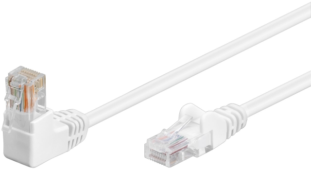 Goobay CAT 5e netwerkkabel 1x 90° haaks, U/UTP, wit, 0,5 m met koper beklede aluminium geleider (CCA), 1x RJ45-stekker 90° (8P8C)