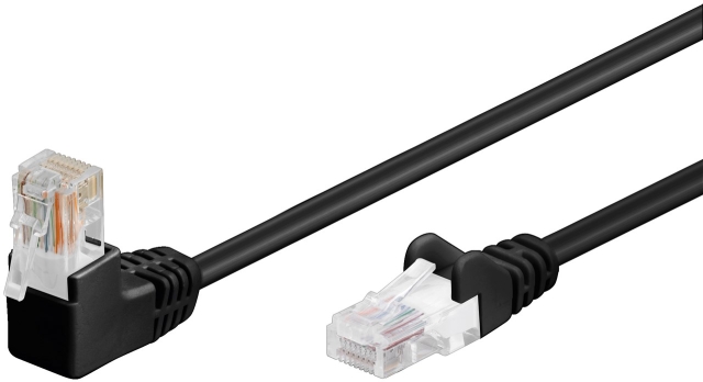 Goobay CAT 5e netwerkkabel 1x 90° haaks, U/UTP, zwart, 3 m met koper beklede aluminium geleider (CCA), 1x RJ45-stekker 90° (8P8C)