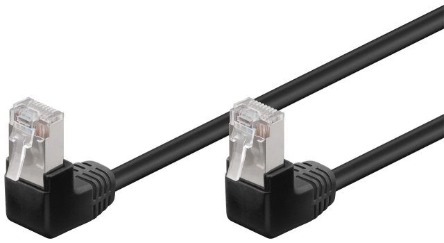 Goobay CAT 5e netwerkkabel 2x 90° haaks, F/UTP, zwart, 0,25 m met koper beklede aluminium geleider (CCA), 2x RJ45-stekker 90° (8P8C)