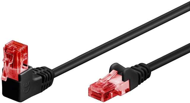 Goobay CAT 6 netwerkkabel 1x 90° haaks, U/UTP, zwart met koper beklede aluminium geleider (CCA), vergrendelingsbescherming aan de bovenkant, 10 m