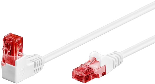 Goobay CAT 6 netwerkkabel 1x 90° haaks, U/UTP, wit met koper beklede aluminium geleider (CCA), vergrendelingsbescherming aan de bovenkant, 2 m
