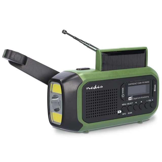 Nedis Noodradio | Draagbaar Model | DAB+ / FM | Batterij Gevoed / Handslinger / Solar Powered / USB Gevoed | Wekker | Groen / Zwart
