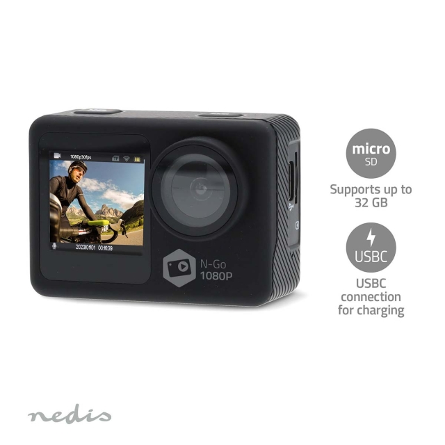 Nedis Action Cam | Dubbel scherm | 1080p@30fps | 12 MPixel | Waterbestendig tot: 30.0 m | 70 min | Wi-Fi | App beschikbaar voor: Android™ / IOS | Mounts inbegrepen | Zwart