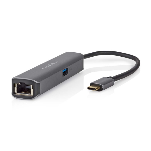 Nedis USB Multi-Port Adapter | 4-in-1 | USB 3.2 Gen 1 | USB-C™ Male | HDMI™ Output / RJ45 Female / USB-A Female / USB-C™ Female | 5 Gbps | 0.20 m | Rond | Verguld | PVC | Antraciet | Doos