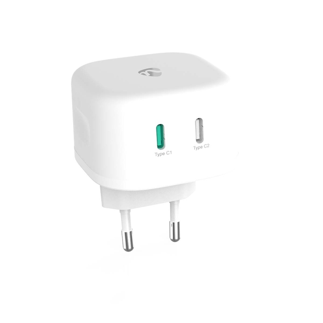 Nedis Oplader | 45 W | GaN | PD3.0 45W | Snellaad functie | 2.25 / 3.0 A | Outputs: 2 | 2x USB-C™ | Automatische Voltage Selectie | Wit