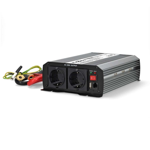 Nedis Omvormer Gemodificeerde Sinusgolf | Ingangsvoltage: 12 V DC | Apparaat stroomoutput: Type F (CEE 7/3) / USB-A | 230 V AC 50 Hz | 1000 W | Piekvermogen: 2000 W | Screw Terminal | Zilver