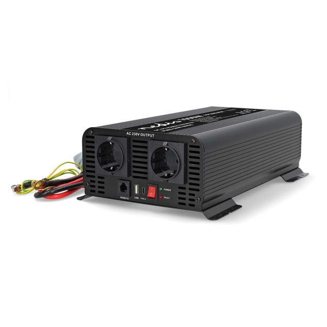 Nedis Omvormer Pure Sinusgolf | Ingangsvoltage: 24 V DC | Apparaat stroomoutput: Type F (CEE 7/3) / USB-A / 1x USB-C™ | 230 V AC 50 Hz | 1000 W | Piekvermogen: 2000 W | Screw Terminal | Zuivere Sinusgolf | Zekering | Zwart