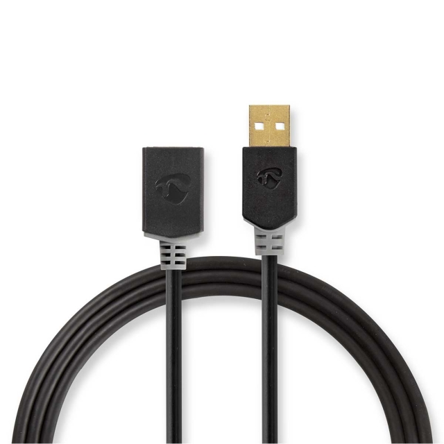 Nedis USB-Kabel | USB 2.0 | USB-A Male | USB-A Female | 480 Mbps | Verguld | 3.00 m | Rond | PVC | Antraciet | Doos