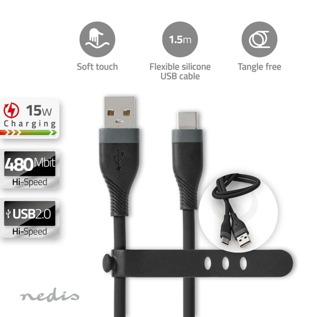 Nedis USB-Kabel | USB 2.0 | USB-A Male | USB-C™ Male | 15 W | 480 Mbps | Vernikkeld | 1.50 m | Rond | Silicone | Zwart | Doos