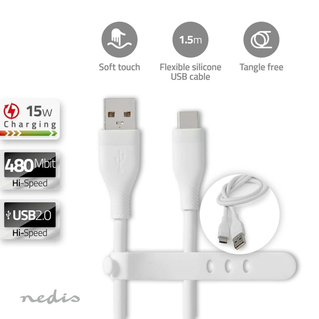 Nedis USB-Kabel | USB 2.0 | USB-A Male | USB-C™ Male | 15 W | 480 Mbps | Vernikkeld | 1.50 m | Rond | Silicone | Wit | Doos