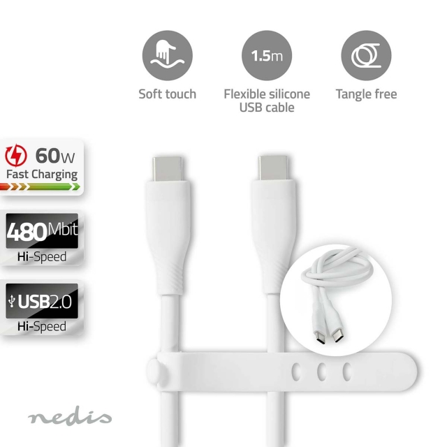 Nedis USB-Kabel | USB 2.0 | USB-C™ Male | USB-C™ Male | 60 W | 480 Mbps | Vernikkeld | 1.50 m | Rond | Silicone | Wit | Doos