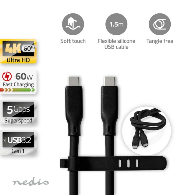 Nedis USB-Kabel | USB 3.2 Gen 1 | USB-C™ Male | USB-C™ Male | 60 W | 4K@30Hz | 5 Gbps | Vernikkeld | 1.50 m | Rond | Silicone | Zwart | Doos