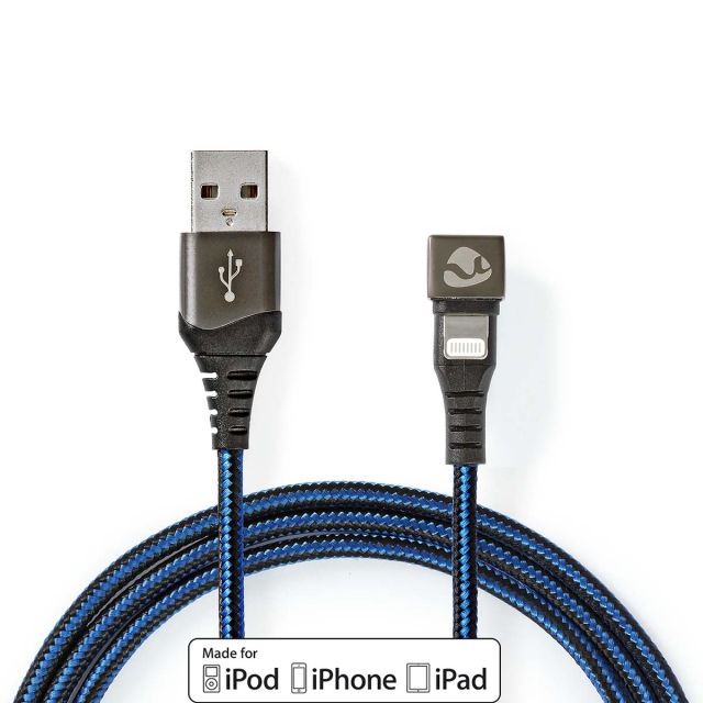 Nedis USB-Kabel | USB 2.0 | Apple Lightning 8-Pins | USB-A Male | 12 W | 480 Mbps | Vernikkeld | 1.00 m | Rond | Gevlochten / Nylon | Blauw / Zwart | Cover Window Box
