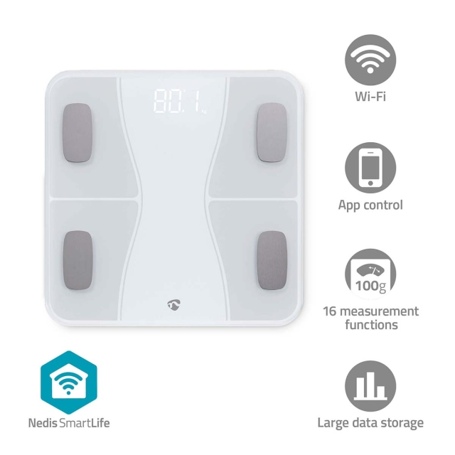 Nedis SmartLife Personenweegschaal | BMI / BMR / Botten / Gewicht / Spieren / Vet / Water | 12 | Piekbelasting: 180 kg | Android™ / IOS | ABS / Glas | Wit