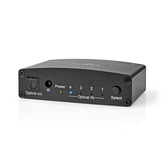 Nedis Digitale Audio-Switch | 4-wegs | Ingangen audio / video / data: DC Power / 4x TosLink | Uitgangen audio / video / data: TosLink Female | Afstandsbediening / Drukknop / Manueel | Metaal | Zwart