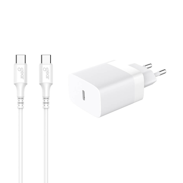 GEAR Laddare 220V 1xUSB-C Vit PD/PPS 30W + Kabel USB-C till USB-C