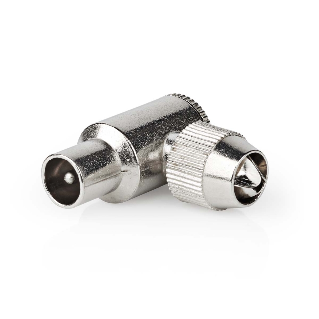 Nedis IEC (Coax) Connector | 90° Gehoekt | Male | Vernikkeld | 75 Ohm | Schroef | Diameter kabelinvoer: 7.0 mm | Metaal | Zilver | 2 Stuks | Doos