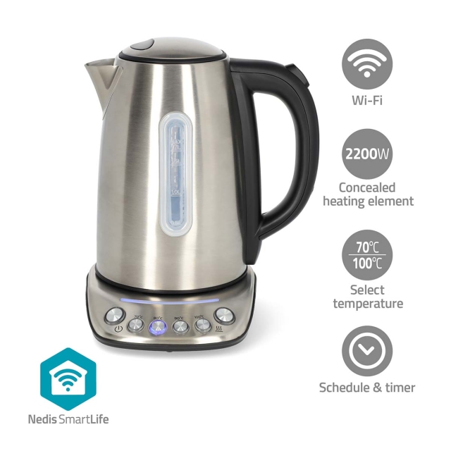Nedis SmartLife Waterkoker | Wi-Fi | 1.7 l | Roestvrij Staal | 70,80,90,100 °C | Temperatuurindicator | 360 graden draaibaar | Verborgen verwarmingselement | Strix®-controller | Android™ / IOS
