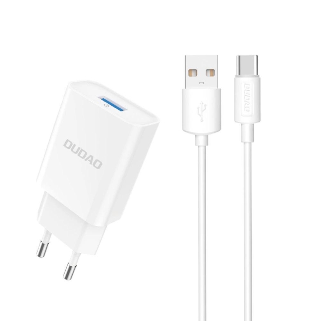 Dudao A4EU USB-A 2.1A power charger - white + USB-A - USB-C cable