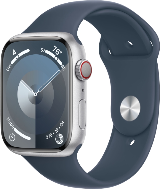 Apple Watch Series 9 (GPS + Cellular) 45 mm zilverkleurige aluminium kast en stormblauwe sportarmband, M/L (MRMH3)