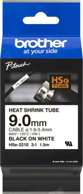 Brother HSe-221E, zwarte tekst op witte achtergrond, breedte 9 mm