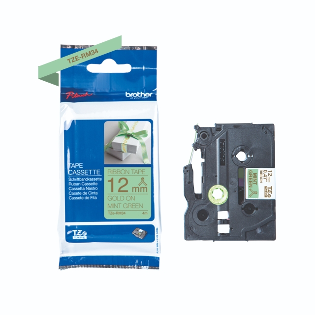 Brother TZe-RM34 print gouden tekst op mintgroen 12 mm satijnen lint