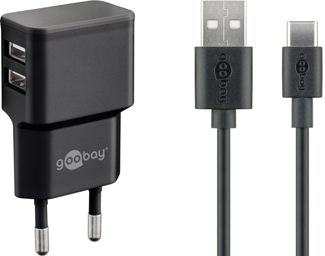 Goobay USB-C™ Dual laddningssats (12 W) Strömförsörjning med 2x USB-uttag och USB Type-C™ 1 m kabel (svart)