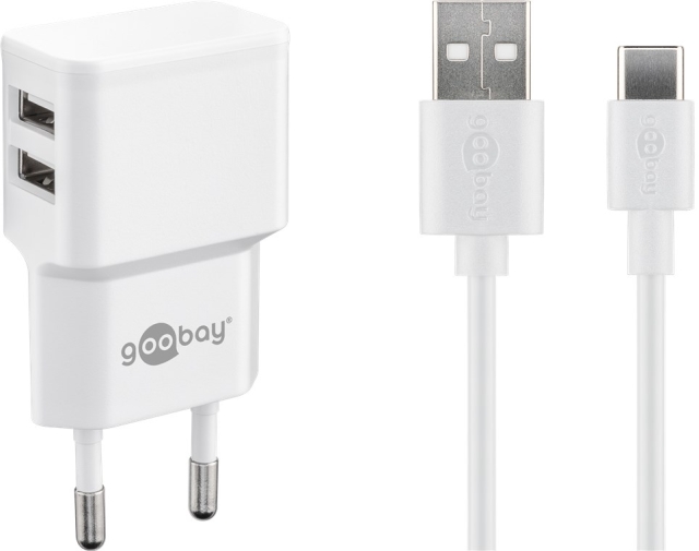 Goobay USB-C™ Dual laddningssats (12 W) Strömförsörjning med 2x USB-uttag och USB Type-C™ 1 m kabel (vit)