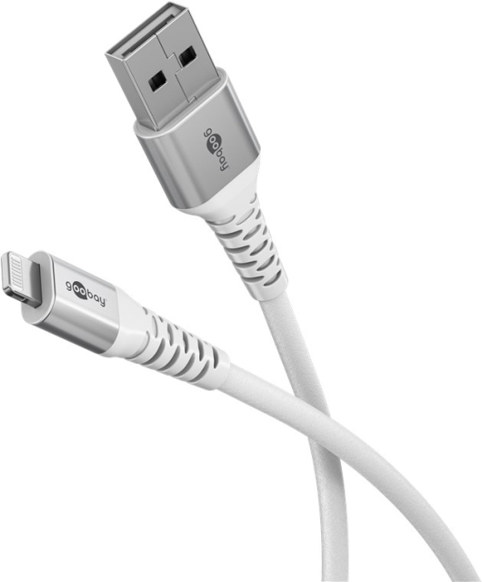 Goobay Lightning-USB-A supersoft textilkabel med metallkontakter, 2 m, vit MFi-certifierad, elegant och extra robust laddnings- och synkroniseringskabel för Apple iPhone/iPad (vit)