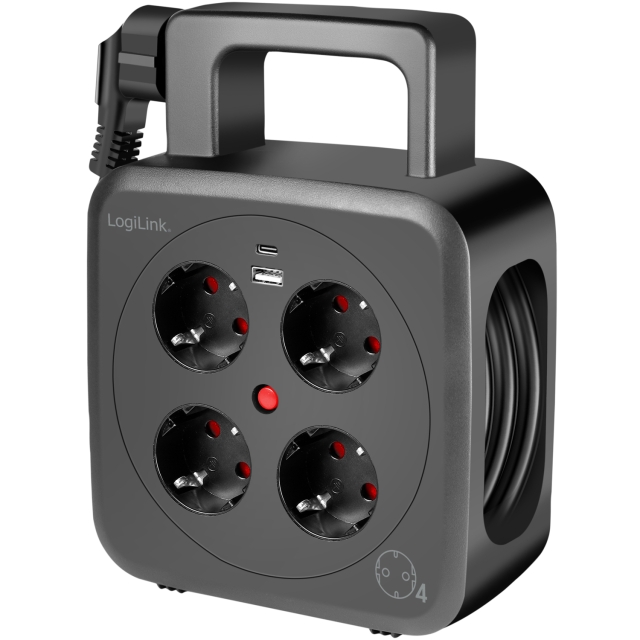 LogiLink Kabelvinda 5 meter 4 jordade uttag + USB-A/USB-C 20W IP20