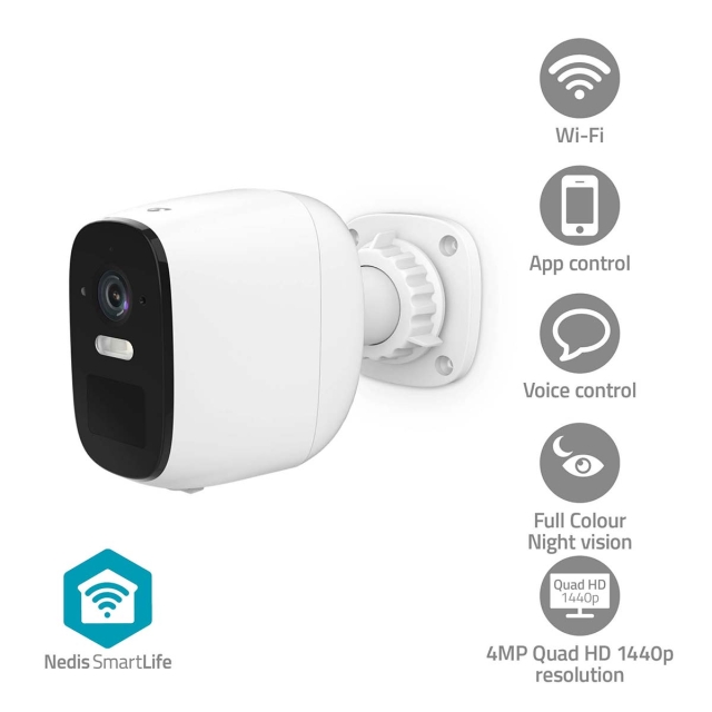 Nedis SmartLife Camera voor Buiten | Spotlight | 4MP Quad HD 1440p / 2560x1440 | IP66 | Max. batterijduur: 10 Maanden | Cloud Opslag (optioneel) / microSD (niet inbegrepen) | 5 V DC | Met bewegingssensor | Nachtzicht | Wit