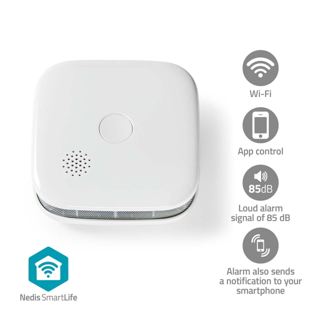 Nedis SmartLife Rookmelder | Wi-Fi | Batterij Gevoed | Levenscyclus sensor: 10 Jaar | EN 14604 | Max. batterijduur: 24 Maanden | 85 dB | Wit | 1 Stuks
