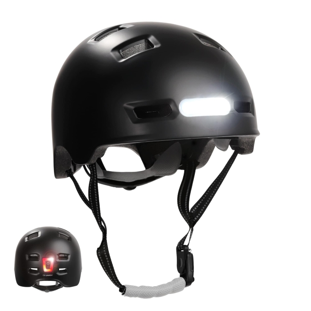 Crazy Safety Urban Bicycle and Skater Helmet with Front and Rear Lights - Black - L (57-61cm)