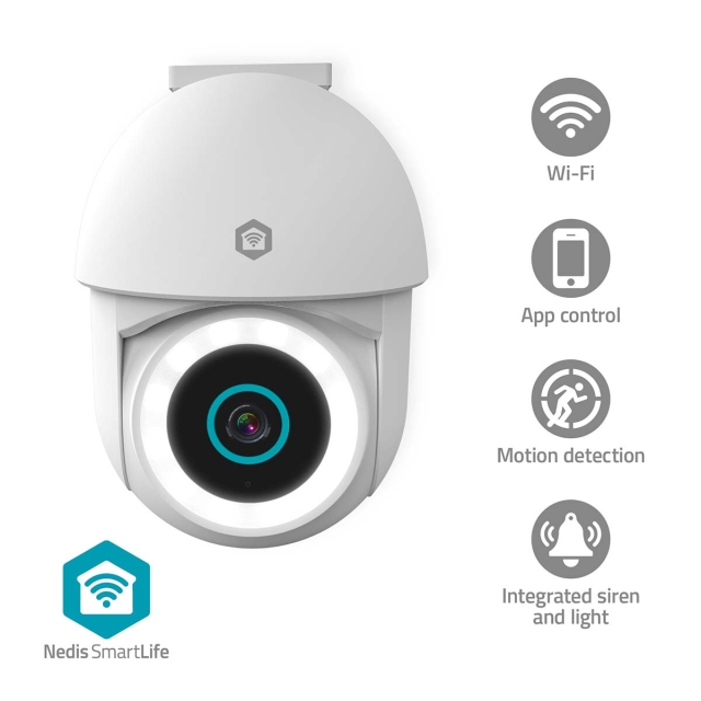 Nedis SmartLife Camera voor Buiten | Spotlight | 3MP Full HD 1296p | Pan tilt | IP65 | Cloud Opslag (optioneel) / microSD (niet inbegrepen) / Onvif | 5 V DC | Met bewegingssensor | Nachtzicht | Wit