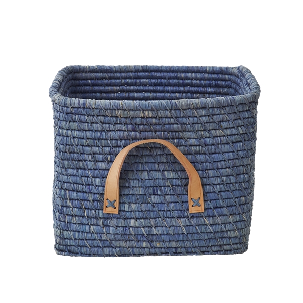 RICE Kleine vierkante mand van raffia met leren handvaten - Blauw