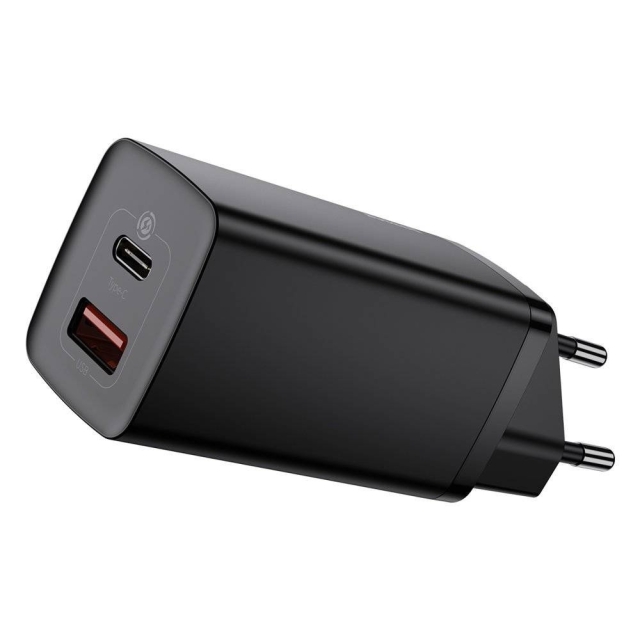 Baseus Dual Port GaN2 Adapter 65Watt 1xUSB-C + 1xUSB-A Zwart
