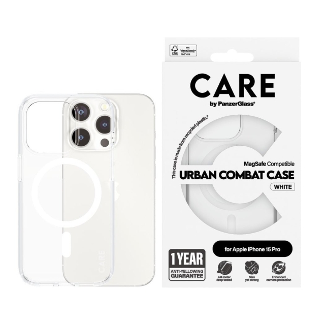 CARE by PanzerGlass - Transparant hoesje met witte MagSafe voor iPhone 15 Pro