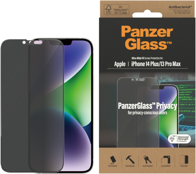 PanzerGlass Privacy-schermbeschermer, iPhone 14 Plus / 13 Pro Max, zwarte rand