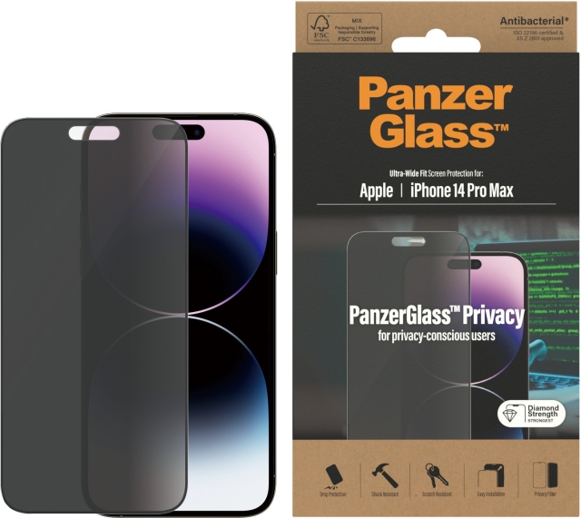 PanzerGlass Ultra Wide Fit Privacy-schermbeschermer, iPhone 14 Pro Max, zwarte rand