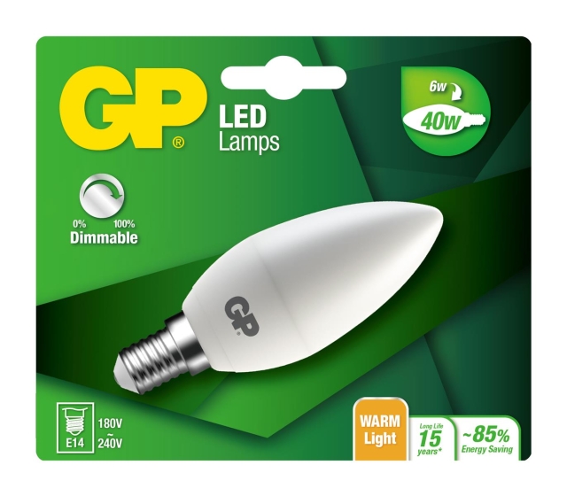 GP LED Lamp Mini Kaars, E14, DIM, 6W (40W), 470lm