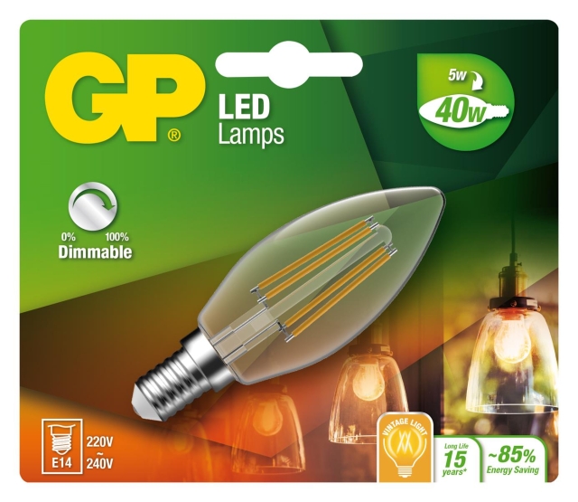 GP LED Lamp Filament Mini Kaars, E14, DIM, 5W (40W), 470lm