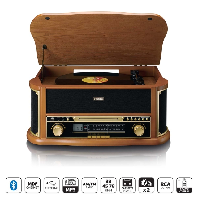 Lenco Houten retro platenspeler met Bluetooth® AM/FM-radio USB-codering CD-speler cassettespeler en ingebouwde luidsprekers
