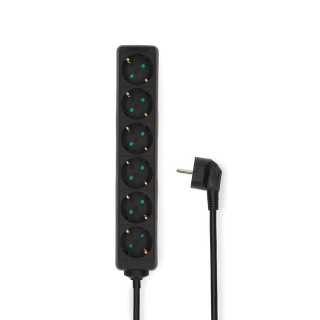 Nedis Stekkerdoos | Randaarde stekker / Type F (CEE 7/7) | 6-wegs | 3.00 m | 3680 W | 16 A | Soort aarding: Zijcontacten | 230 V AC 50/60 Hz | Hoek van stopcontact: 45 ° | H05VV-F 3G 1,5 mm² | Zwart
